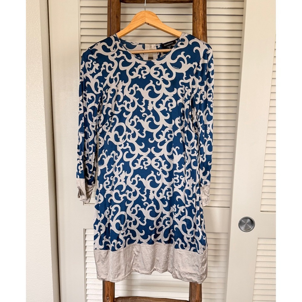 Bebe Blue White Scroll Print Long Sleeve‎ Mini Dress Size M Y2K
